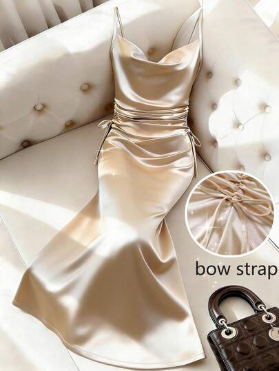 Franclia Summer Elegant Fitted Ruched Tie Strap Draped Neck Women Dress Summer Dress Festival Outfits For Women Elegant Party Dresses Wedding Guest Dress For Women Graduation Dress For Women Formal Dress For Women Satin Dress For Women Elegant Reception Gown Satin Dress For Wedding Silk Dress Elegant Formal Classy