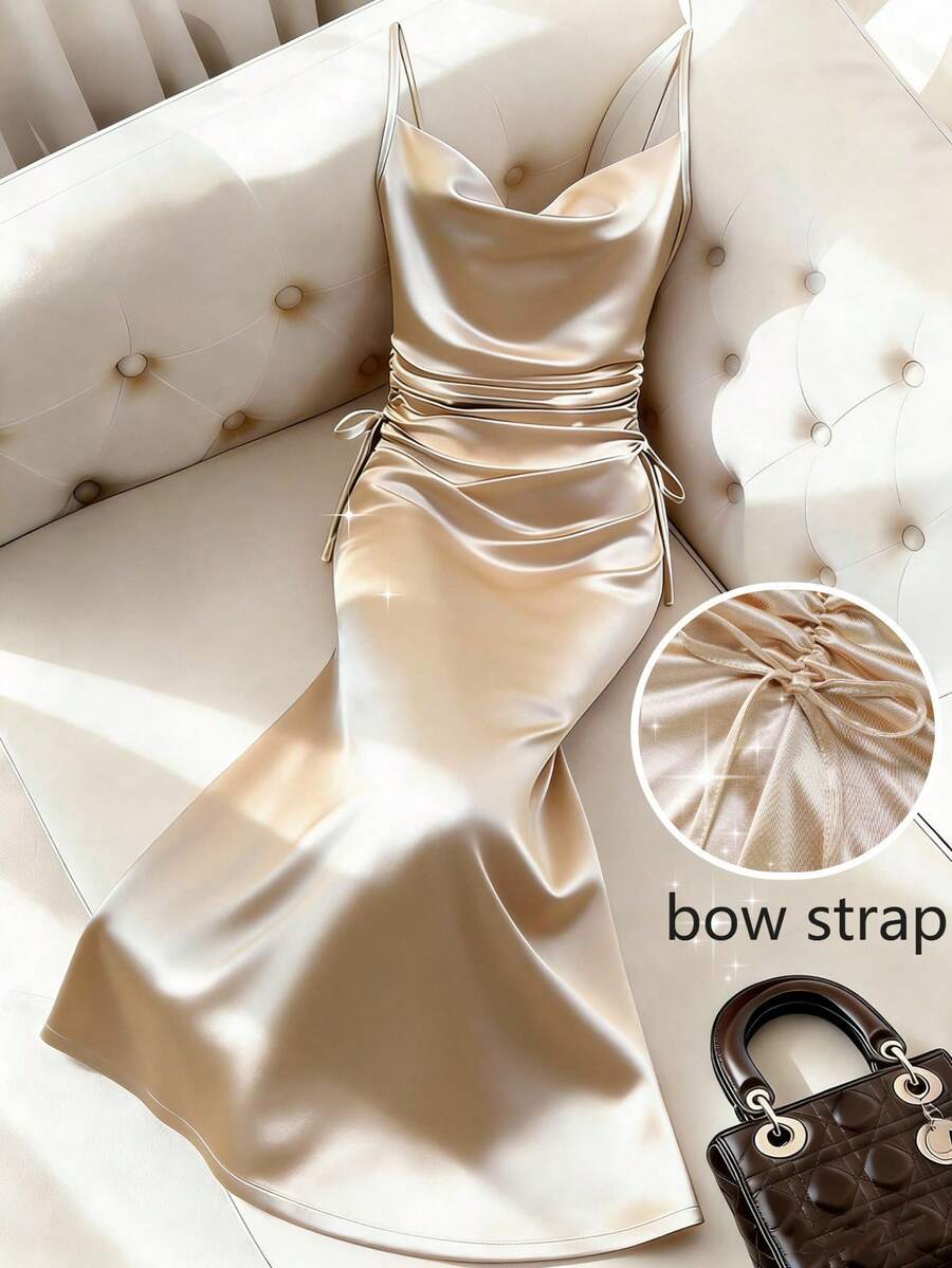 Franclia Đầm nữ thanh lịch ôm sát, xếp ly, buộc dây, cổ xếp nếp.