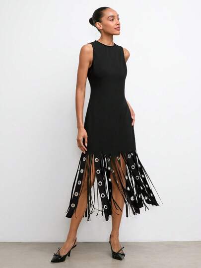 Maija Women's Solid Color Tassel Hem Round Neck Fitted Sleeveless Dress Chic Dresses For Women,Summer Dresses For Women