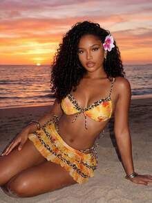 Vaytide Bộ bikini đi biển gợi cảm họa tiết da báo dành cho nữ, váy ngắn xếp ly, đồ bơi in họa tiết, thích hợp cho mùa xuân/hè, bộ 3 món bikini họa tiết động vật màu vàng. - Nhiều màu - Xem 4