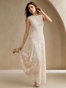 Anewsta Essential Women's New Elegant Sleeveless Round Neck Lace Fitted Flared Dress, Apricot Color, Suitable For Party, Vacation - Apricot - View 1