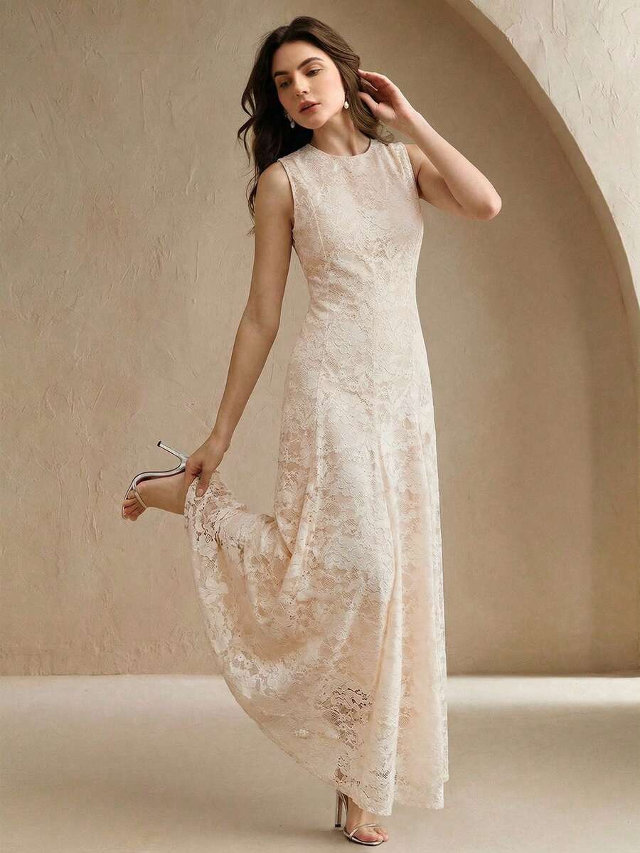 Anewsta Essential Women's New Elegant Sleeveless Round Neck Lace Fitted Flared Dress, Apricot Color, Suitable For Party, Vacation - Apricot - View 1