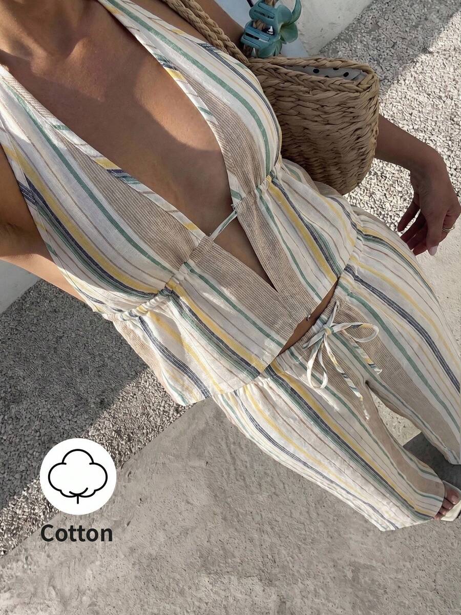 Sunnyshic 彩色条纹露背系带V领短款上衣和高腰阔腿长裤两件套,女士春夏度假海滩波西米亚简约复古百搭套装 - 卡其色 - 查看 1