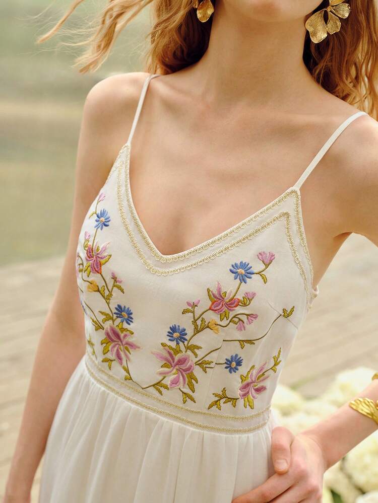 LINEN COLORFUL EMBROIDERED SLIP DRESS, ELEGANT & ROMANTIC MIDI DRESS FOR VACATION