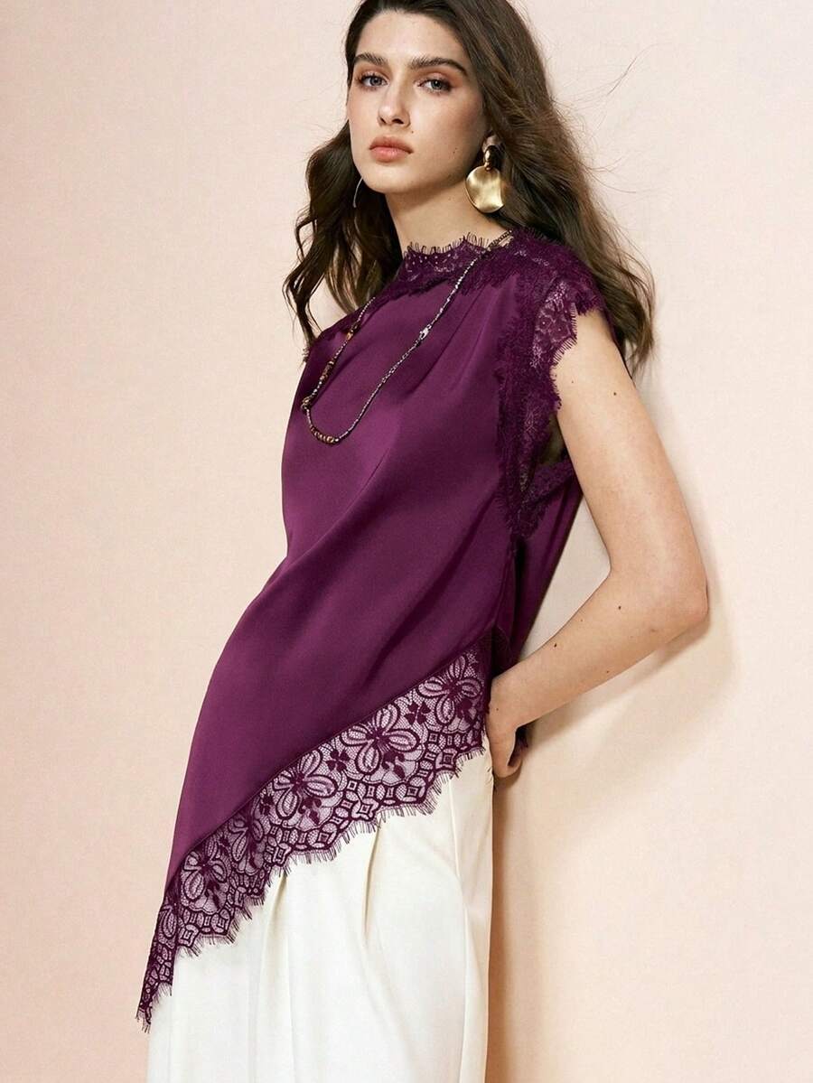 Arave 女士优雅纯色蕾丝拼接不对称下摆衬衫，紫红色，适合约会、夏季穿着 - 玫紅色 - 查看 1