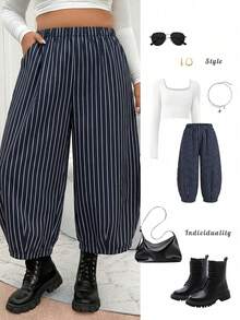 Elenzga Plus Size Vintage Loose Striped Elastic Waist Lantern Pants With Side Pockets - Navy Blue - View 4
