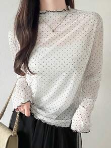 FRIFUL Women's Casual Polka Dot Print Long Sleeve T-Shirt - White - View 5