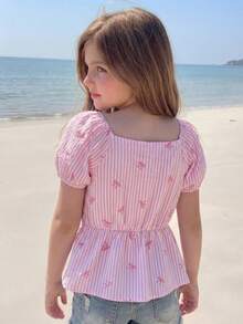 SHEIN Áo thun dệt kim ngắn tay dáng ôm, cổ bèo, chữ U, cài cúc, dành cho bé gái tuổi teen, kiểu dáng thường ngày, đa năng, dễ phối đồ, họa tiết chấm bi. - Hồng - Xem 3