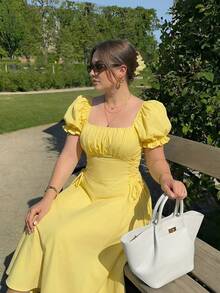 SHEIN MOD 大码女式黄色泡泡袖系腰中长连衣裙，优雅浪漫复古风，春夏女装，浪漫优雅度假派对中长连衣裙，夏季假日装，优雅派对，奢华晚宴，仪式，海滩度假装，女式度假装，优雅女士仪式礼服，婚礼宾客礼服，奢华晚礼服，正式礼服，毕业典礼礼服，黄色连衣裙，柠檬黄连衣裙，泡泡袖连衣裙，田园风连衣裙 - 黃色 - 查看 11