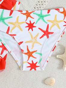 Bộ đồ bơi in họa tiết cho bé gái (cỡ nhỏ), viền bèo nhún, 3 món. - Đỏ - Xem 5