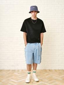 Zalmeno Men's Loose Waist Street Style Multi-Buckle Blue Patchwork Denim Shorts Men Light Wash Denim Shorts Baggy Denim Shorts Men Boyfriend & Husband Couples Vintage Washed Blue For OVERSIZE College Baggy Jean Short - Light Wash - View 6