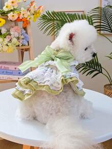 PETSIN 1 件猫/狗服装，复古春夏绿色碎花宠物连衣裙，可爱乡村风泡泡袖，小型犬服装 - 綠色 - 查看 7