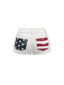ROMWE J-Fashion Shorts vaqueros de talla grande con estampado de estrella de bandera de los EE. UU. de estilo Y2K - Blanco - Ver 2