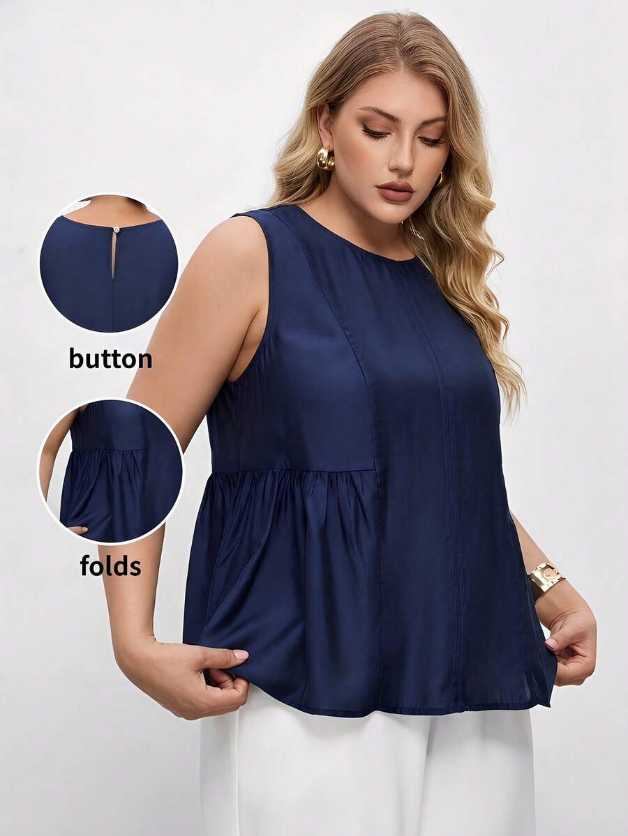 Maija Plus Size Women's Navy Blue Sleeveless Tank Top, Comfortable Soft Woven Fabric, Round Neck, Loose A-Line Silhouette, Modern Urban Chic Business Casual Office Wear, High Quality Spring/Summer Clothing For Vintage Women Old Money Teacher For Women Romantic, Fashion, Versatile Summer Women Party Top Beach Holiday Vacation Going Out Graduation Elegant Women's Blouses Casual Blouses Formal Attire Work Office For Women - Navy Blue - View 1