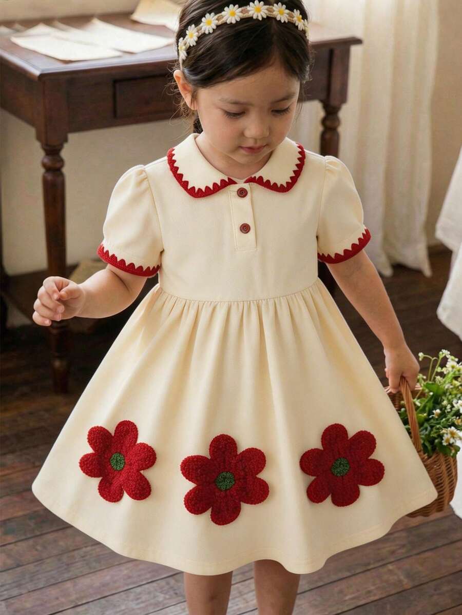 SHEIN Vestido de línea A con cintura elástica, manga corta, cuello con solapa y bordado de fresa en color liso, para niñas, uso casual de verano - Albaricoque - Ver 1