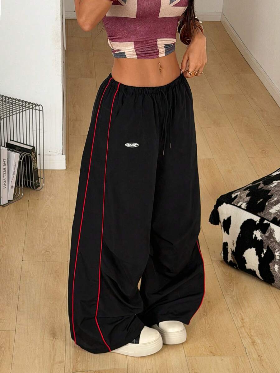 Coolane 女士春夏街头风 Y2K 派对返校季拼接抽绳黑色低腰宽松阔腿裤 - 黑色 - 查看 1