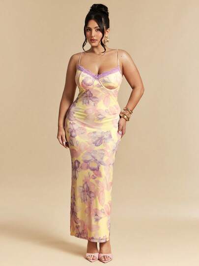 SHEIN BAE Đầm maxi không tay in hoa thanh lịch dành cho nữ cỡ lớn mùa xuân/hè, đầm maxi ôm sát, đầm maxi gợi cảm.