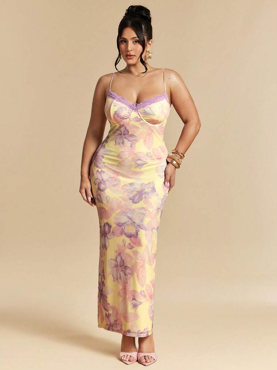 SHEIN BAE Đầm maxi không tay in hoa thanh lịch dành cho nữ cỡ lớn mùa xuân/hè, đầm maxi ôm sát, đầm maxi gợi cảm. - Nhiều màu - Xem 1