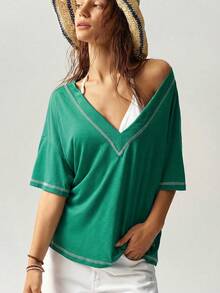 Bohemela Camiseta holgada de manga corta y cuello en V de unicolor casual para vacaciones para mujeres - Verde - Ver 4