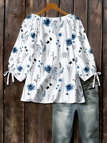 EMERY ROSE Camisa tejida de cuello redondo y manga 3/4 con estampado botánico y floral - Multicolor - Ver 2