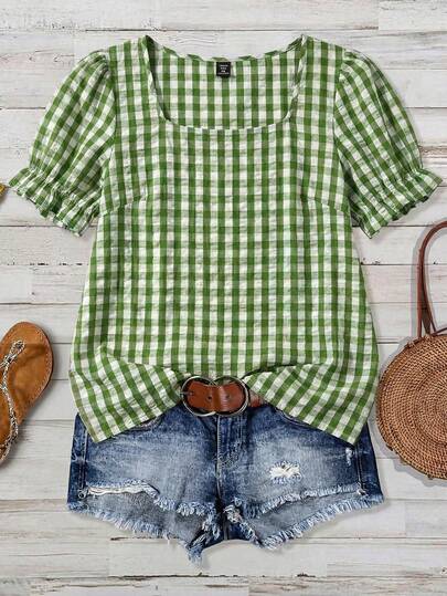 SHEIN LUNE 大码泡泡褶皱格纹春夏新款方领泡泡袖短袖休闲宽松度假日常女式衬衫