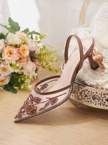 CUCCOO HITCHD Women's Shoes Spring And Summer New Pointed Kitten Heel Flower Lace Embroidery Beaded Brown Mesh Comfortable Elegant Women's High Heels Shoes Slingbacks Bridal Shoes Wedding Dinner Party - dark brown - View 13