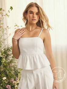 Aralina 柔软牛仔面料，吊带荷叶边下摆，修身胸部设计，飘逸廓形，夏季女装，可爱夏季上衣，休闲上衣 - 白色 - 查看 4