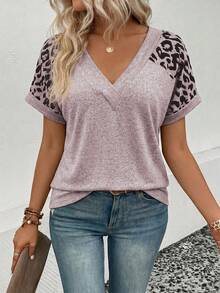 SHEIN Women's Casual Chic Daily Commute Vacation Leopard Print Patchwork V-Neck Loose T-Shirt, Summer - Baby Pink - View 6