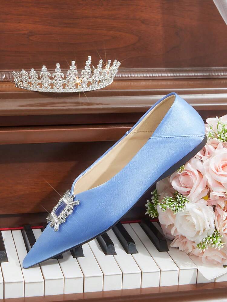 CUCCOO HITCHD Pointed Toe Low Vamp Rhinestone Square Buckle Flat Bottom Comfortable Versatile Fashionable Soft Sole Elegant Fairy Shoes Blue Women's Shoes