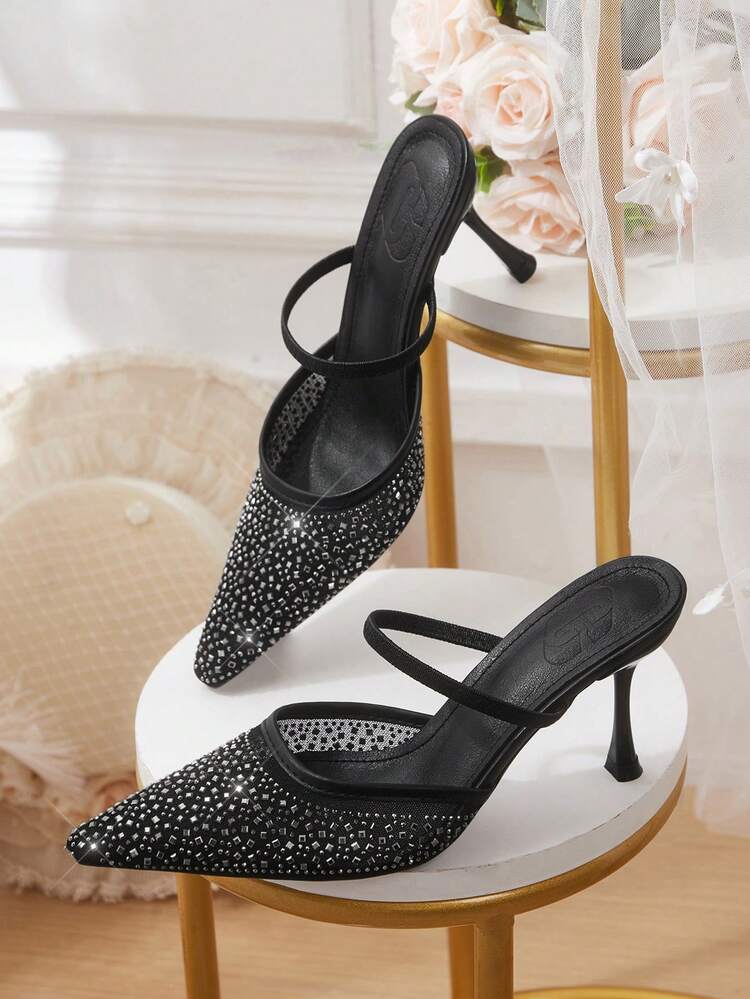 CUCCOO HITCHD Women's Spring/Summer New Mesh Irregular Crystal Decor Square Toe Thin Heel High Heels, Romantic Elegant Black Formal Dress Shoes, Suitable For Wedding, Valentine's Day