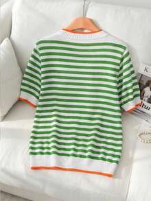 SHEIN CURVE+ Plus Size Casual Striped Contrast Color Round Neck Short Sleeve Knit Top - Multicolor - View 2
