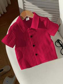 SHEIN 男女宝宝白色短袖翻领梭织休闲度假上衣，春夏男宝宝服装 - 紅色 - 查看 3
