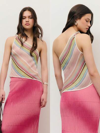 Nöista Asymmetric One-Shoulder Knit Top With A Diagonal Multicolor Stripe Pattern. Modern And Flattering, It's Perfect For Spring And Summer, Ideal For Festival Outfits, Beach Looks Or Vacation Styling.