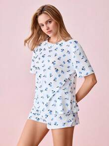 Bonmuse Conjunto de Pijama com Camiseta e Shorts Estampa Floral / Conjunto de Pijama para o Verão - Azul - Visão 6