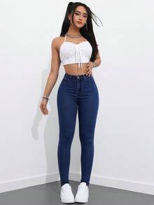SHEIN PETITE 女款日常修身牛仔褲，小碼女款 - 深色水洗藍 - 查看 4