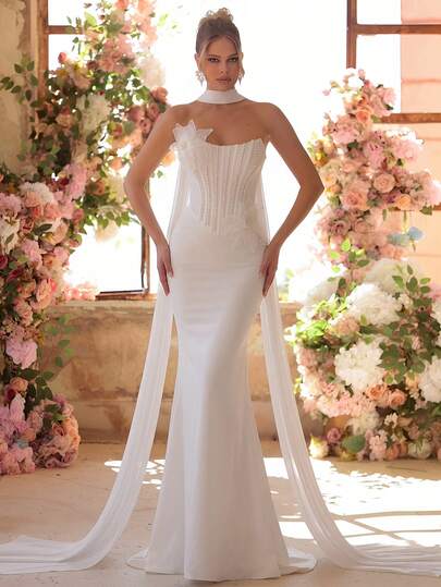 Glamrae Đầm maxi nữ sang trọng, thanh lịch, màu trắng, chất liệu dệt kim co giãn, đính ngọc trai thủ công và hoa 3D, cổ thuyền, vạt đuôi cá, thích hợp cho các dịp dạ hội.