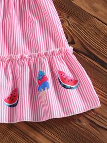 Genkimix Kids 2pcs/Set Young Girl' Ruffle Sleeve Top With Interesting Ice Cream Print & Striped Skirt - Pink - View 6