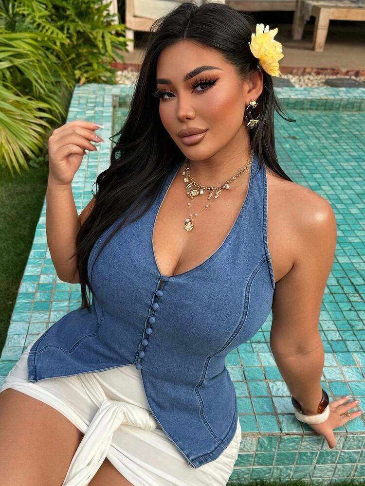 Dazy Plus Plus Size Women's Sleeveless Denim Crop Top, Sexy Spaghetti Strap Western Style, Spring/Summer