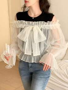 FRIFUL Women's Solid Color Sheer Mesh Fabric 2 In 1 Bowknot Frill Trim Sleeve Fitted Casual Versatile Two Pieces Set - Beige - View 5
