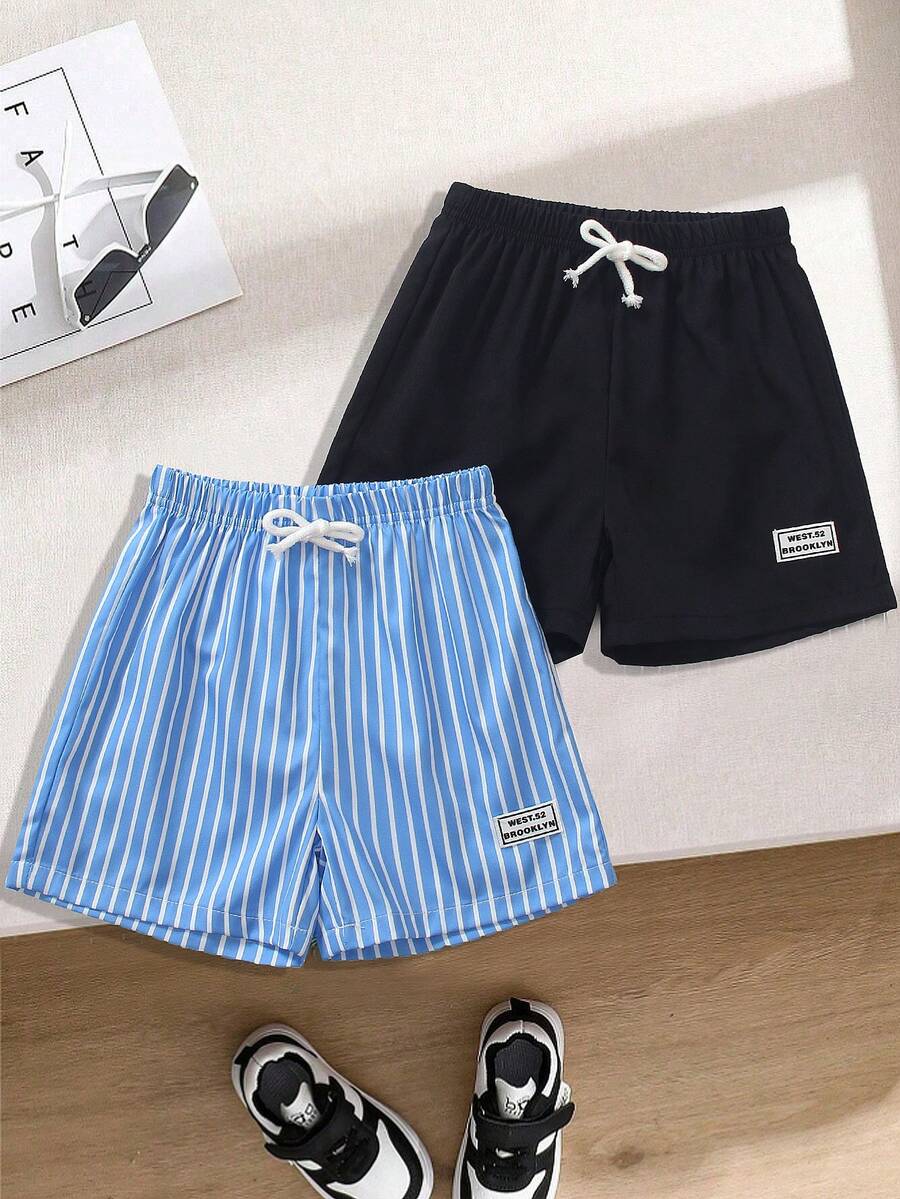 2pcs Young Boy Fashionable Striped + Solid Color Drawstring Elastic Waist Sports Shorts Set, Suitable For Casual Daily Wear, Spring/Summer Outings, Park, Beach, Vacation, Party, Back To School - Multicolor - View 1
