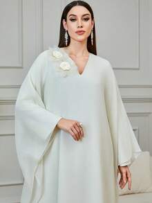 Al Najma Women's Chiffon Poncho With 3D Floral Decor, V-Neck, Loose And Slimming Long Cardigan - Beige - View 6