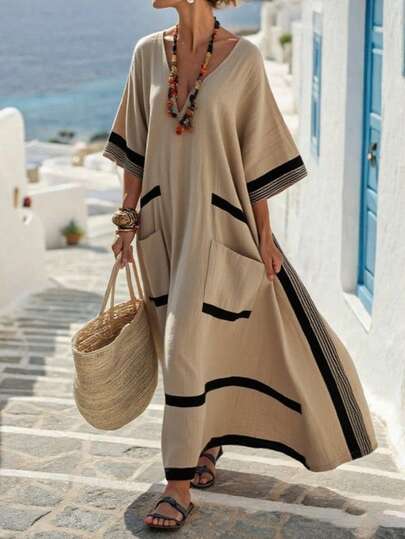 Balvessa 女士度假休闲撞色条纹蝙蝠袖中长连衣裙