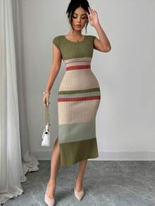 Elenzga Women's Spring/Summer New U-Neck Fitted Mid-Length Hem Slit Half Sleeve Elegant High-End Knit Dress, Striped Design, Versatile Lady Style - Multicolor - View 5