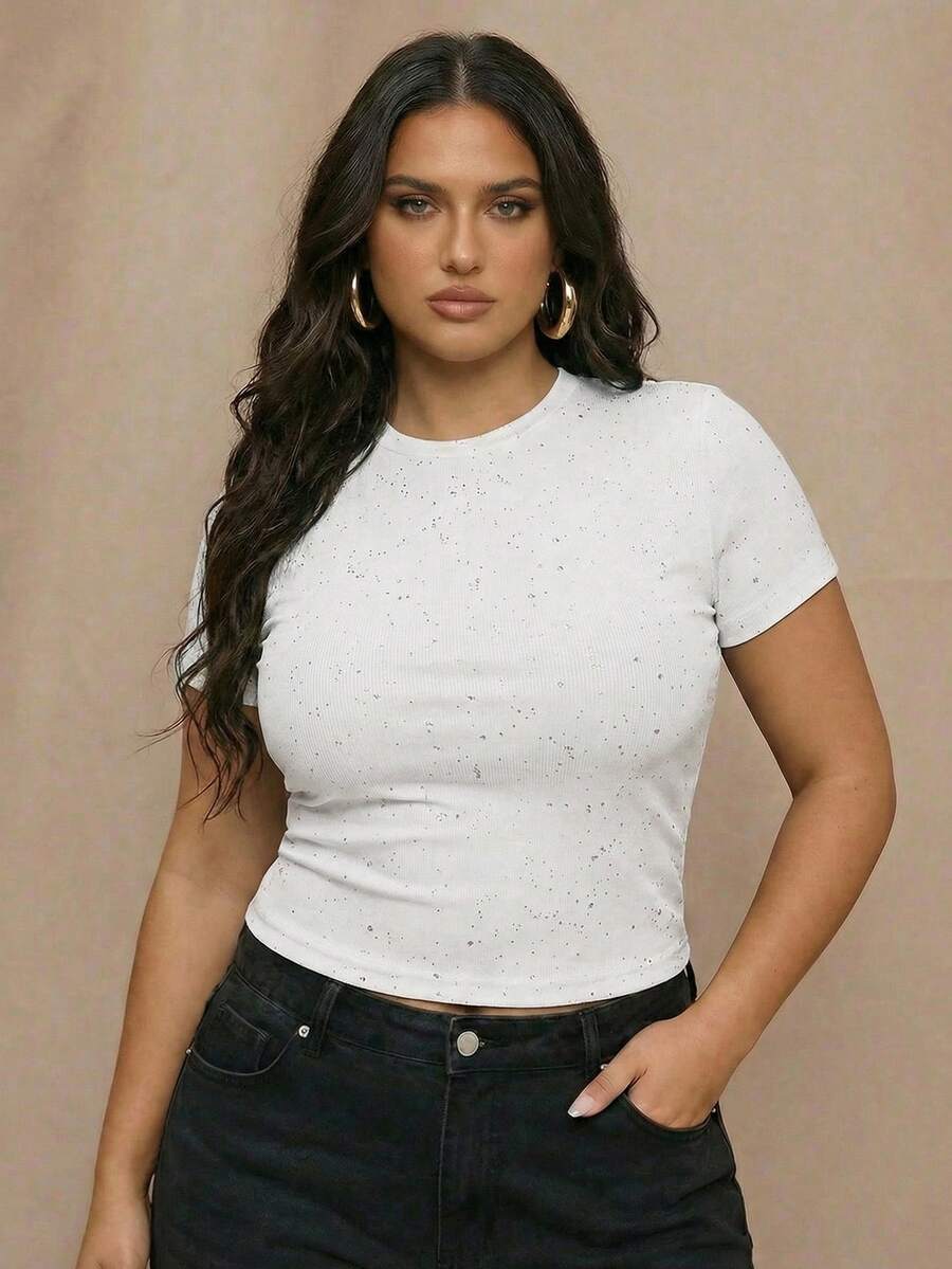 SHEIN BAE 大码女式亮片装饰短袖上衣，春夏款 - 白色 - 查看 1