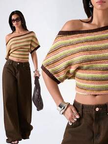 LYSMO Women's Striped Asymmetrical Shoulder Casual Top,Summer Top - Multicolor - View 8