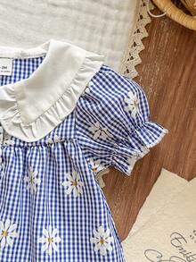 SHEIN Vintaside Kids Đầm công chúa cho bé sơ sinh với họa tiết trái tim hoạt hình dễ thương, có dây đeo và nơ trang trí, thích hợp cho các chuyến đi chơi, kỳ nghỉ và tiệc tùng mùa xuân/hè. - Màu xanh lam - Xem 6