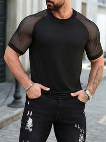 Manfinity AFTRDRK 男士多功能镂空网眼拼接极简圆领短袖T恤 - 黑色 - 查看 6