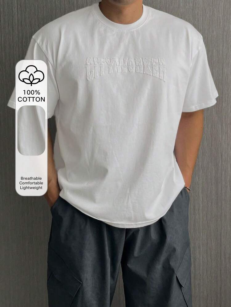 Men's Letter Embroidered Light Grey T-Shirt, Summer