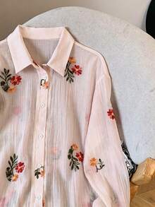 Franclia Women's Floral Embroidered Long Sleeve Shirt And Shorts Casual 2 Pieces Set - Pink - View 3