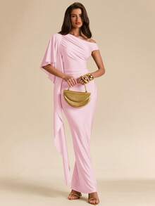 SHEIN BAE 女士纯色修身优雅长连衣裙，简约设计，适合夏季穿着 - 淺粉色 - 查看 5